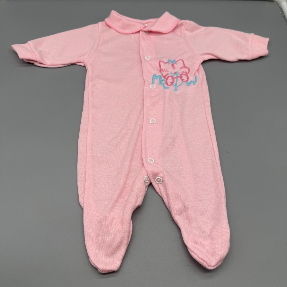 Vintage Cuddle Time Newborn Pink Footed Sleeper Cat Embroidery 8031PNK USA Made